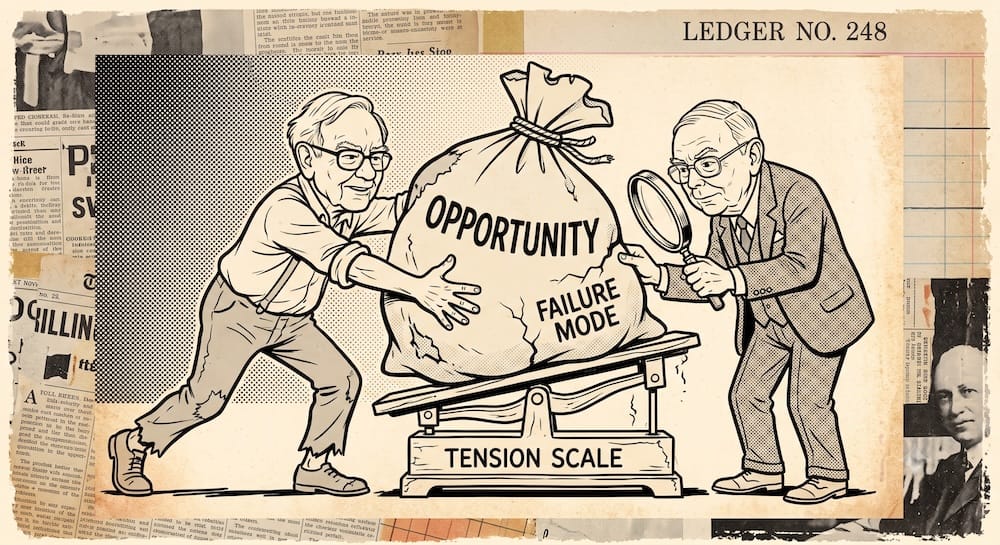 El remolcador intelectual de Buffett y Munger: Visualizando la tensión de alto voltaje entre la oportunidad y la falla en la matriz de diferencias Caricatura de Buffett empujando una bolsa gigante de OPPORTUNITY mientras una caricatura de Munger la inspecciona con una lupa buscando FAILURE MODES, sobre una balanza precaria de TENSION SCALE encima de diarios viejos.