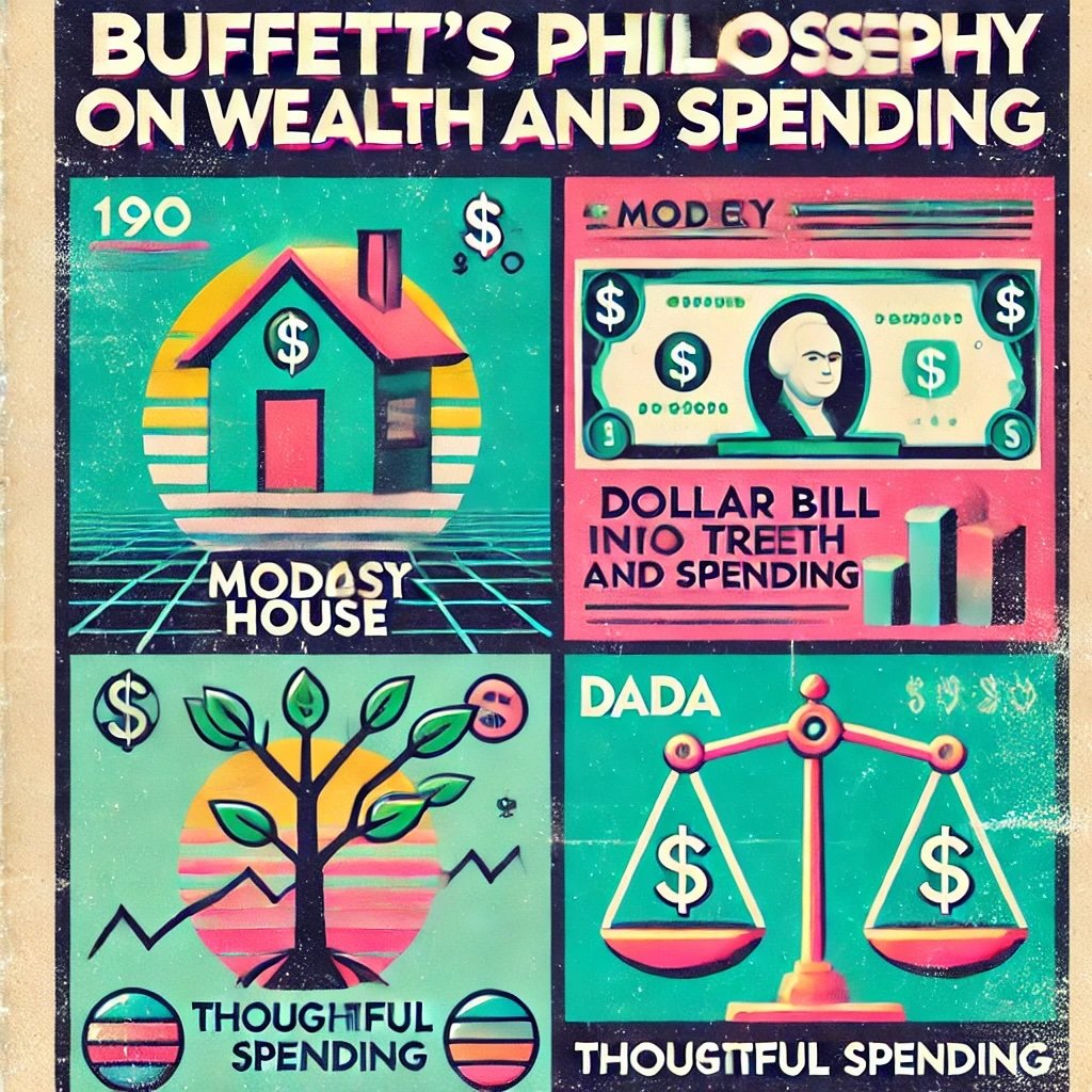 Buffett's Philosophy on Wealth and Spending icons like a modest house illustrating how Buffett's value investing principles are reflected in his personal life and spending habits