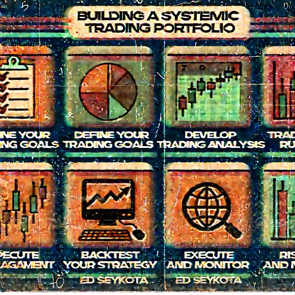 Building a Systematic Trading Portfolio" inspired by Ed Seykota, highlighting key steps such as defining goals, conducting market analysis, developing trading rules, backtesting, risk management, and monitoring