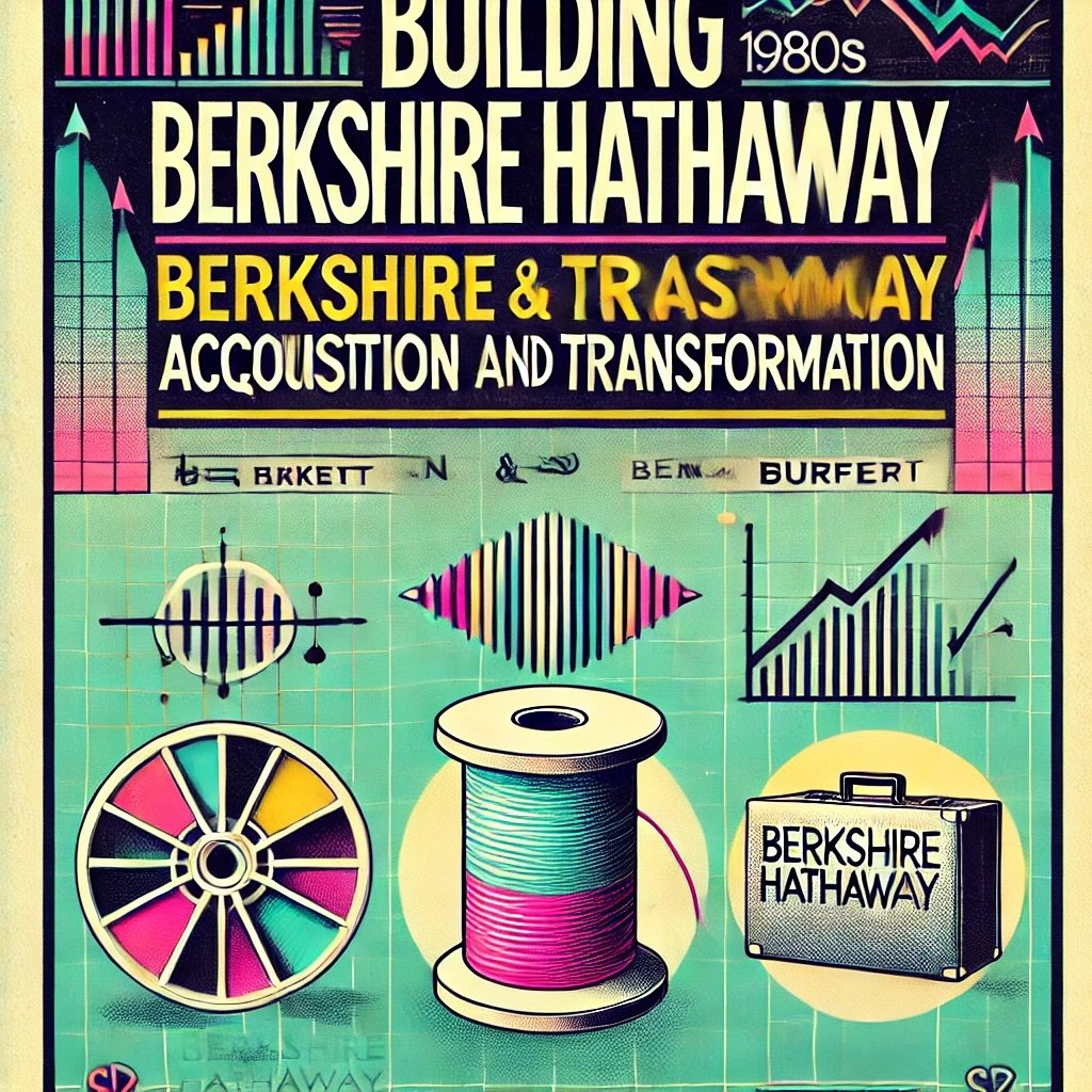 Building Berkshire Hathaway Acquisition and Transformation symbolizing the company's transition illustrating Buffett's strategic evolution of Berkshire Hathaway in a nostalgic style