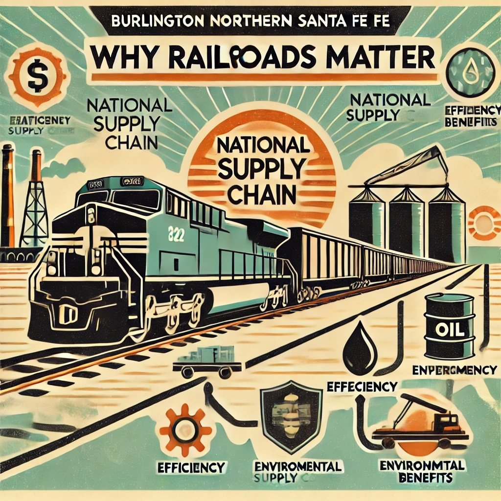 Burlington Northern Santa Fe (BNSF) Why Railroads Matter locomotive on a broad track network labeled "National Supply Chain icons grain silos, oil barrels, and shipping ports