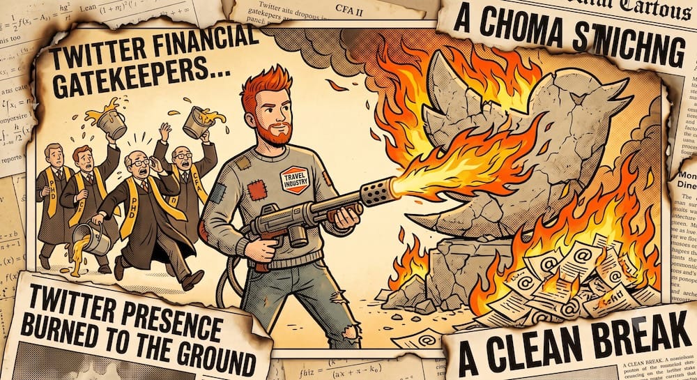 A retro editorial cartoon collage of a red-haired man wearing a Travel Industry badge, calmly using a massive flamethrower to burn a bird statue and a pile of social media posts. In the background, gatekeepers in robes and sashes flee in panic. The collage border features charred, burnt edges and a headline reading TWITTER PRESENCE BURNED TO THE GROUND.