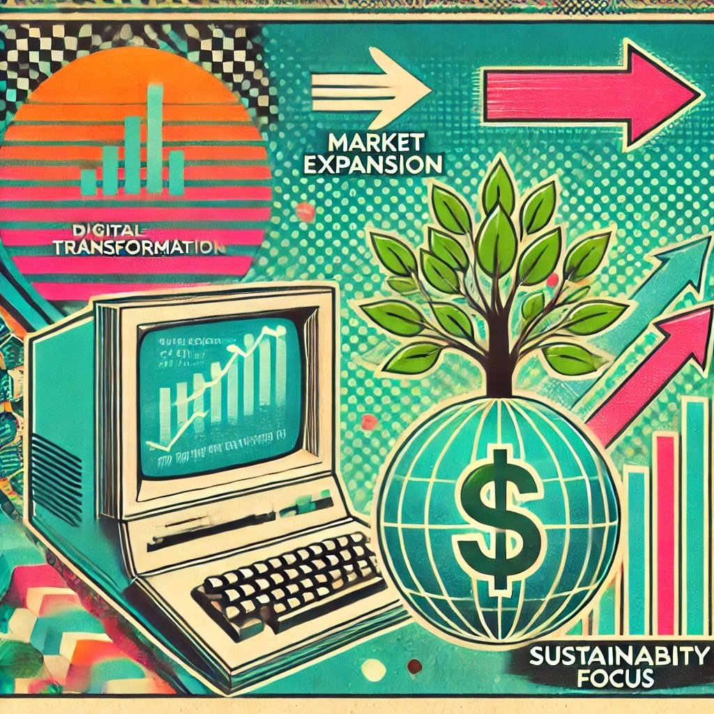 captures digital transformation with a vintage computer, market expansion through a globe with arrows highlight innovation, growth, and environmental responsibility