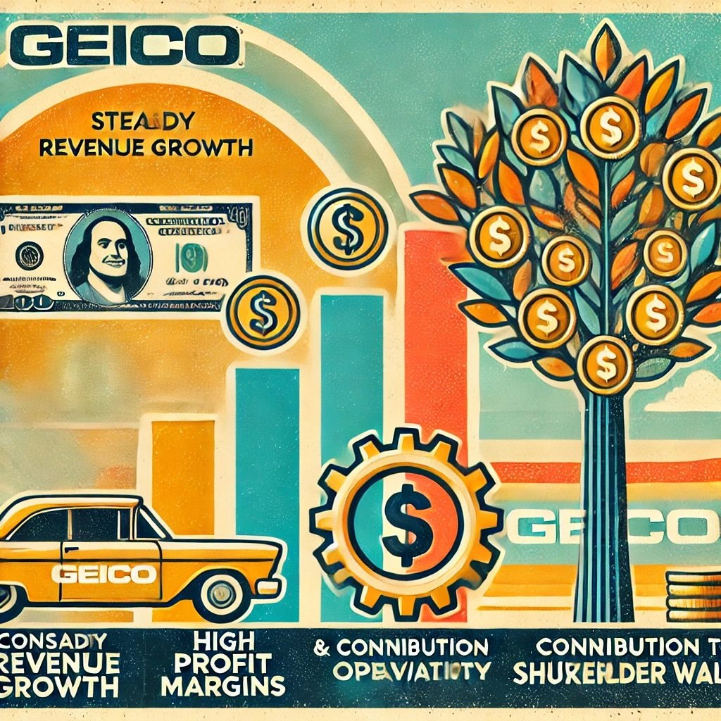 captures GEICO’s financial achievements with a vintage bar graph for steady revenue growth symbolizing shareholder value to emphasize long-term financial strength