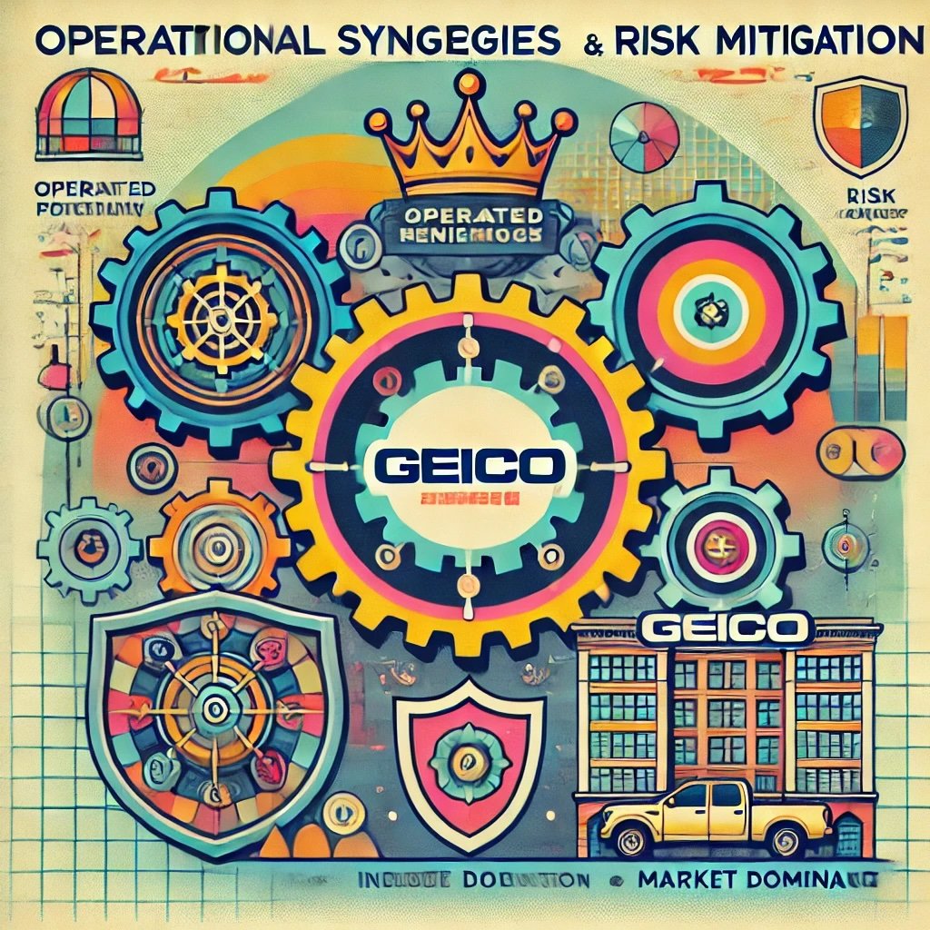 captures GEICO's operational synergies with interconnected gears, risk mitigation through a shield a crowned insurance building to emphasize strategic advantage and leadership