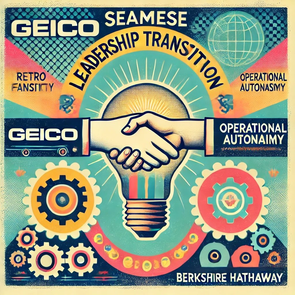 captures GEICO's seamless leadership transition, operational autonomy, and strategic resource leveraging for innovation, and a tree for interconnected support