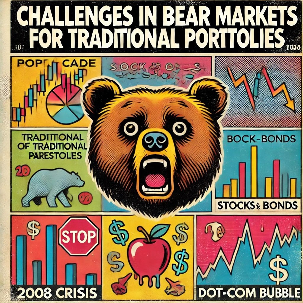 capturing the challenges faced in bear markets for traditional portfolios highlight the struggle of traditional assets, referencing historical downturns like the 2008 financial crisis and the dot-com bubble