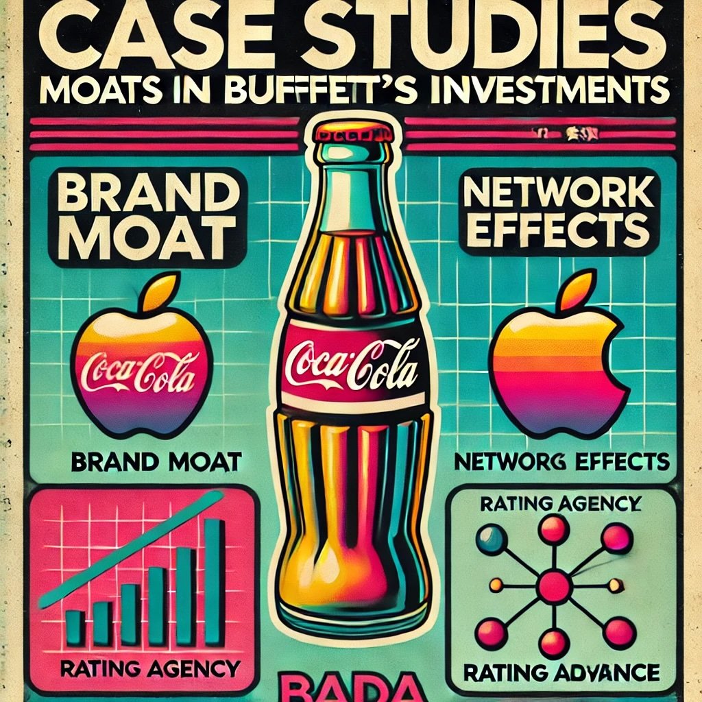 Case Studies Moats in Buffett’s Investments featuring symbols like a Coca-Cola bottle for brand moat highlight how Buffett leverages economic moats in his investment strategy