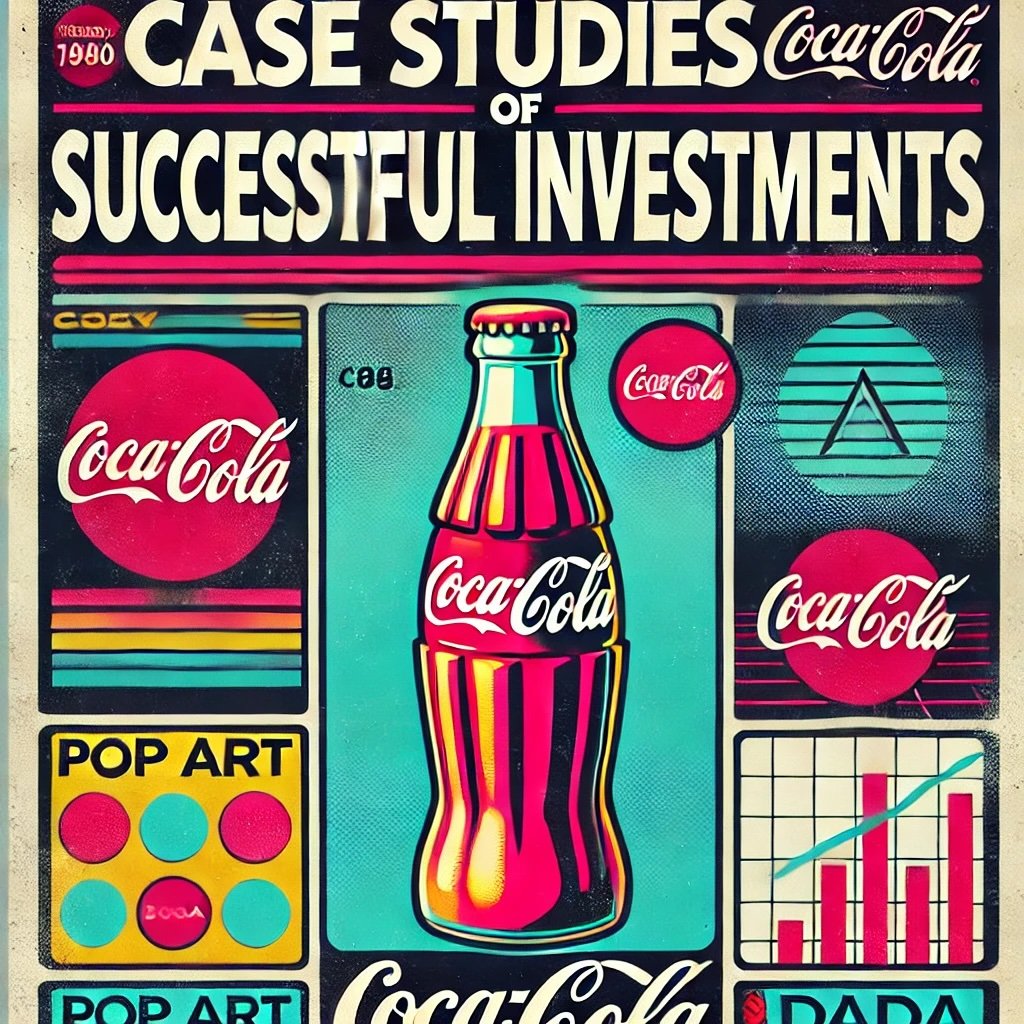 Case Studies of Successful Investments Coca-Cola with a classic Coke bottle icon as the focal point illustrating Buffett’s investment strategy in action