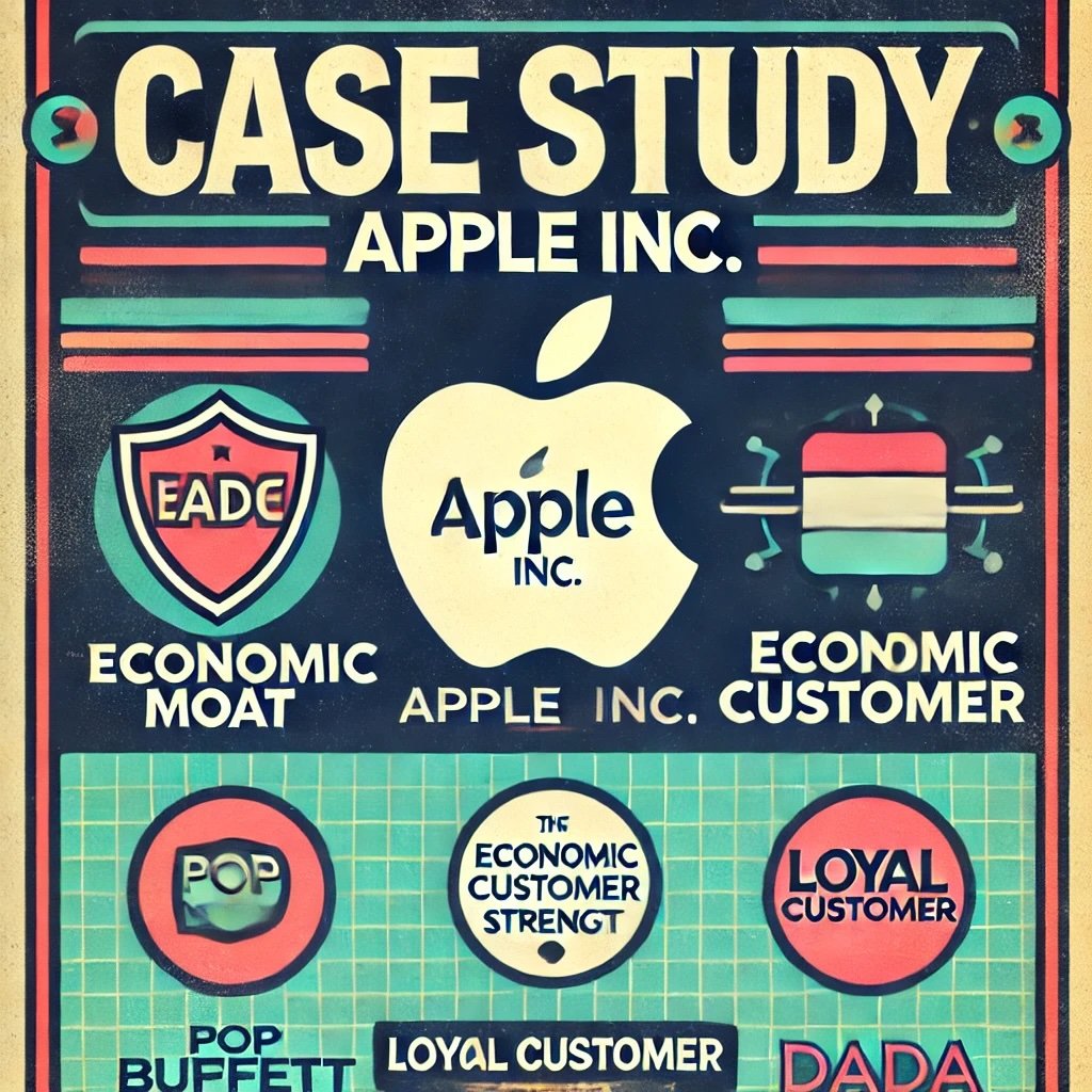 Case Study Apple Inc with an Apple logo icon a shield representing the economic moat showcasing Buffett's shift in perception and his rationale for investing in Apple