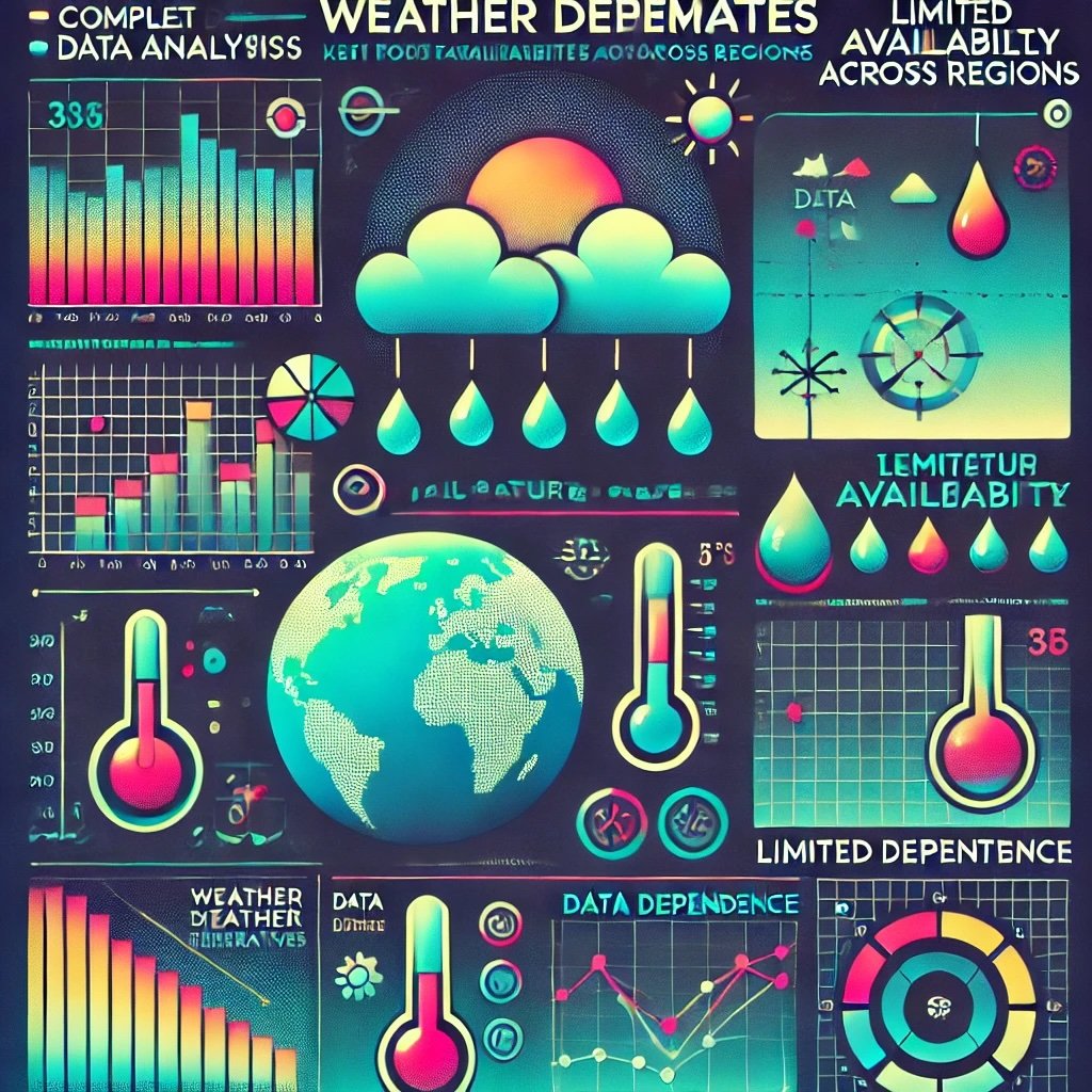 challenges and limitations of weather derivatives like data analysis complexity, regional availability, and dependency on reliable weather data, all presented with sleek neon retro 