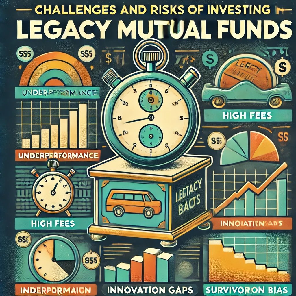 Challenges and Risks of Investing in Legacy Mutual Funds concept outlines potential drawbacks like underperformance, higher fees, and innovation gaps. It emphasizes concerns such as survivorship bias, style drift, and the impact of large asset bases on agility. This visual provides a balanced view of the complexities involved in choosing these long-standing investment vehicles. 