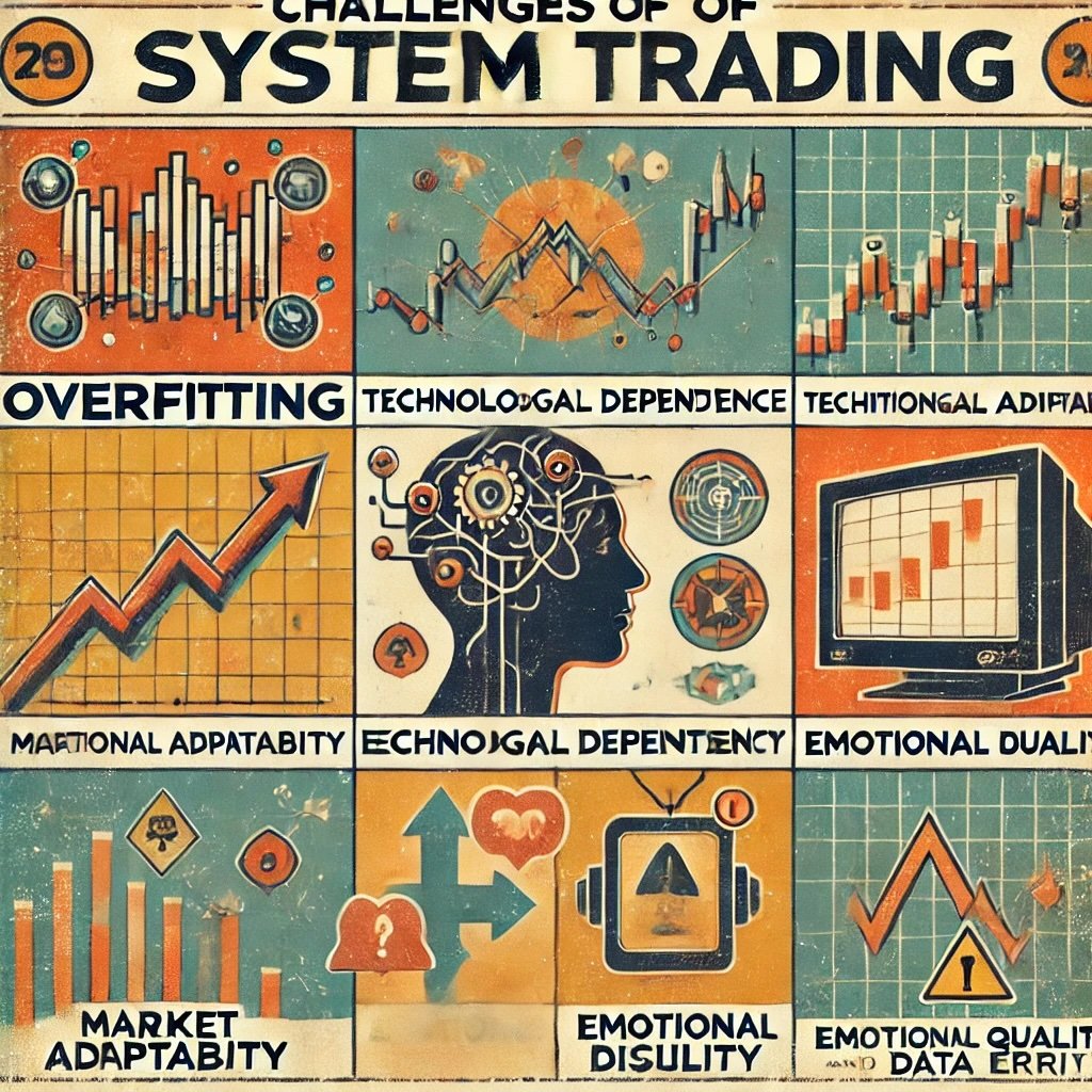 Challenges of System Trading key challenges like Overfitting, Technological Dependence, Market Adaptability, Emotional Discipline, and Data Quality