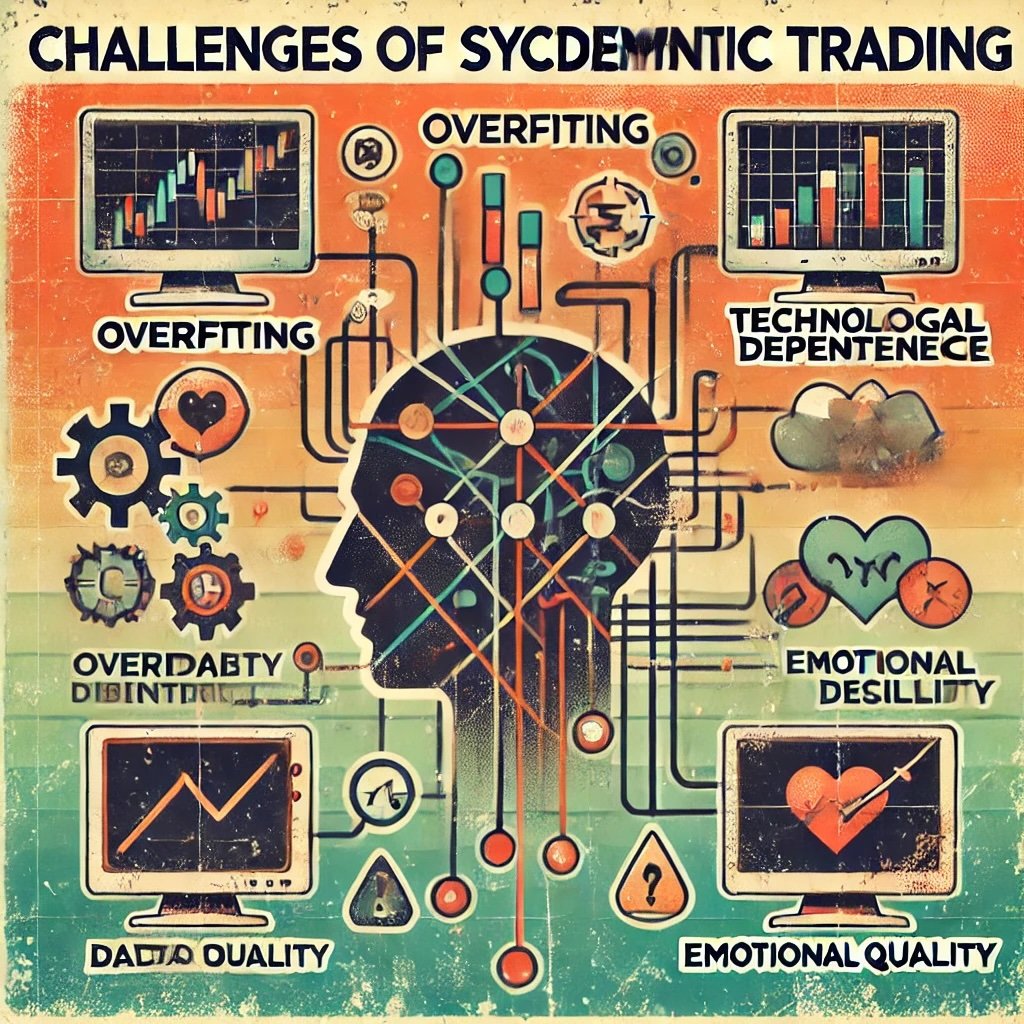 Challenges of Systematic Trading highlighting key challenges like Overfitting, Technological Dependence, Market Adaptability, Emotional Discipline, and Data Quality