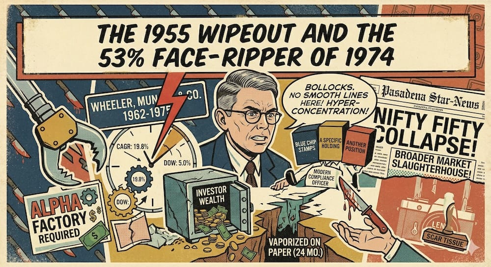 Análisis de caídas del mercado y Charlie Munger: Ilustración de Munger analizando las pérdidas de 1955 y el colapso del Nifty Fifty en 1974, mostrando la estrategia de inversión concentrada, los drawdowns en la riqueza del inversor y la volatilidad dolorosa requerida para lograr rendimientos compuestos a largo plazo