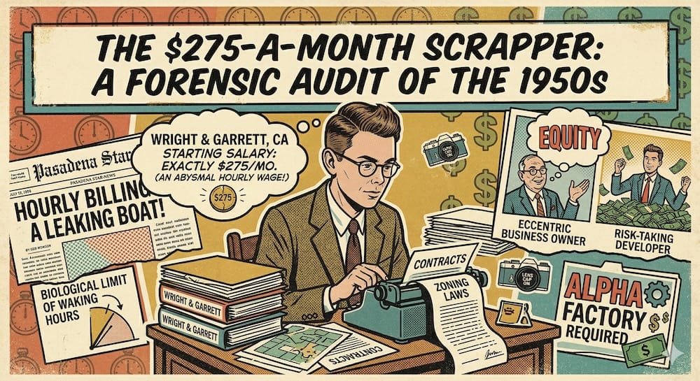 Inicios de Charlie Munger como abogado: Ilustración del joven Munger trabajando en Wright and Garrett en California ganando $275 al mes, rodeado de contratos, destacando el límite salarial y su comprensión de que tener capital (equity) es lo que construye la verdadera riqueza