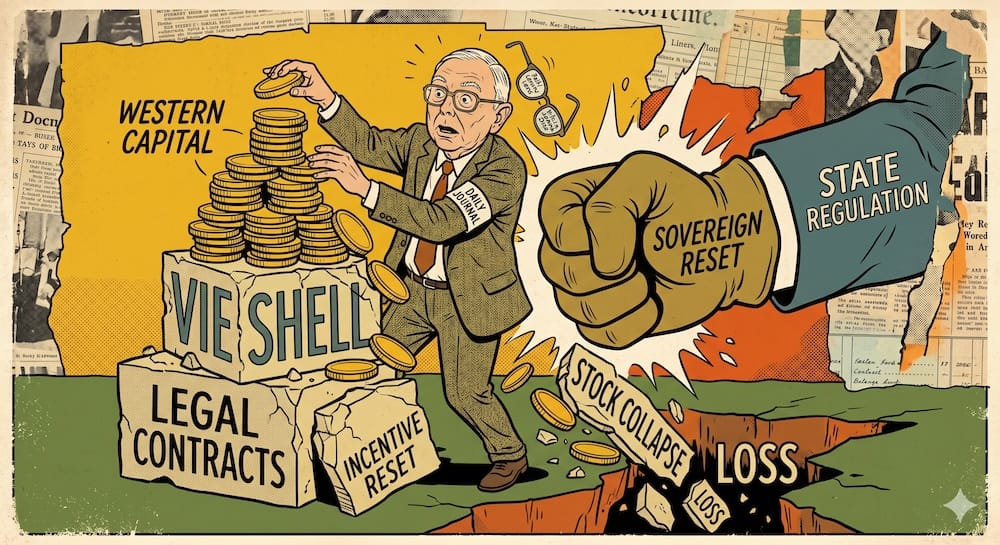 Charlie Munger building a coin stack labeled WESTERN CAPITAL on a fracturing stone block marked VIE SHELL. A giant fist labeled SOVEREIGN RESET smashes the block, causing a deep crack labeled LOSS.