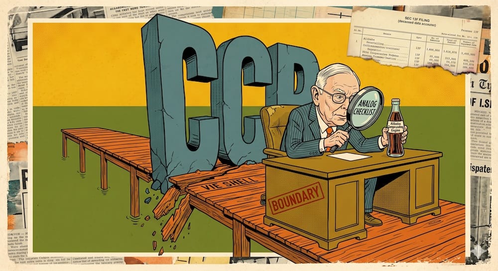 Estrategia en acciones de Alibaba y riesgo regulatorio de la economía china en una ilustración estilo cómic vintage de Ligne Claire.