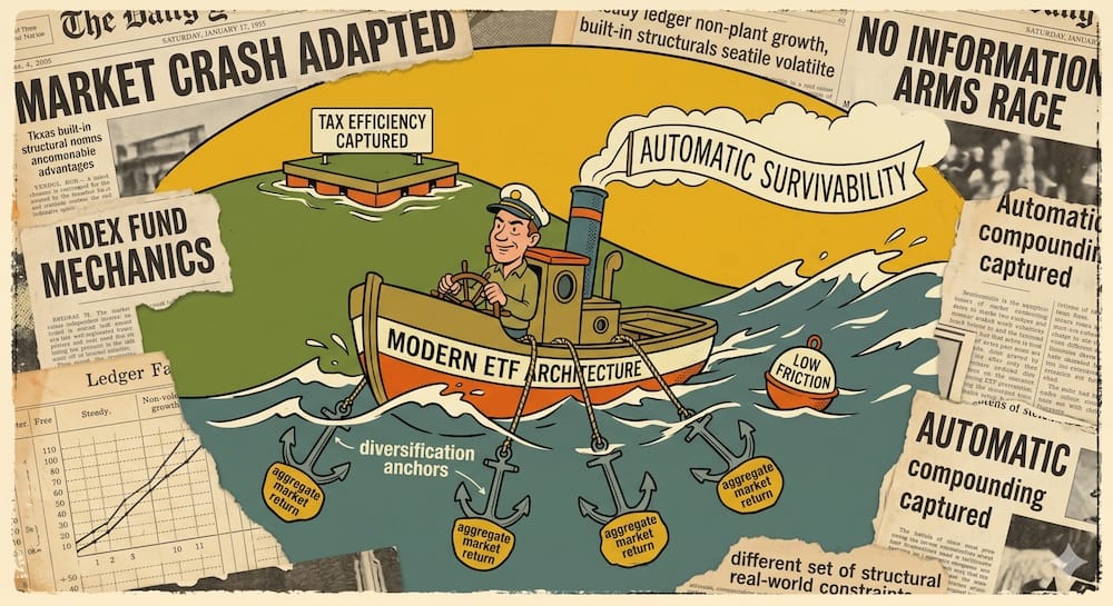 Un inversor independiente decidido conduce un barco robusto a vapor etiquetado ARQUITECTURA DE ETF MODERNA a través de un mar picado de volatilidad del mercado. Se despliegan anclas resistentes etiquetadas RENDIMIENTO TOTAL DEL MERCADO debajo de la superficie. Flotando de forma segura arriba hay una plataforma estable con el cartel EFICIENCIA FISCAL CAPTURADA, inalterada por las olas.