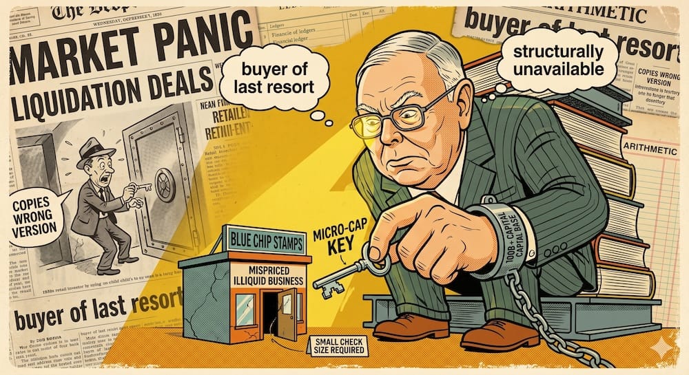 A retro financial caricature. In the background a young Charlie Munger executes a micro-cap trade. The central figure is an older Munger, crushed by a monumental $100 Billion stack of ledgers and beams, looking helplessly out a tiny window.