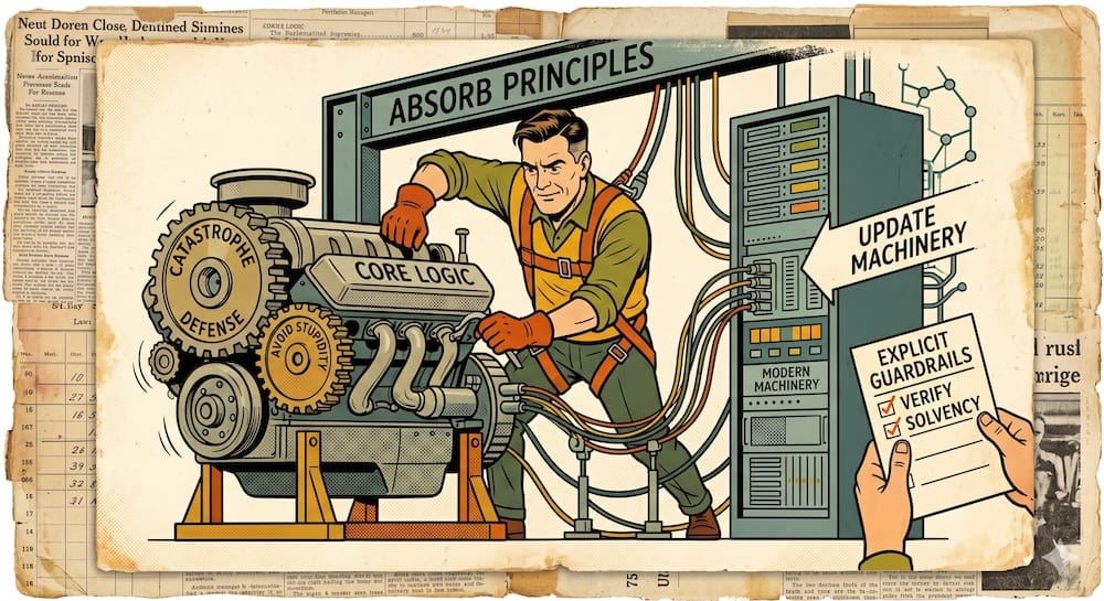Ingeniería conductual y control de riesgos Ingeniería conductual y control de riesgos: Una ilustración vintage muestra a un inversor uniendo un engranaje antiguo marcado como lógica central y defensa contra catástrofes dentro de un panel de control tecnológico moderno.