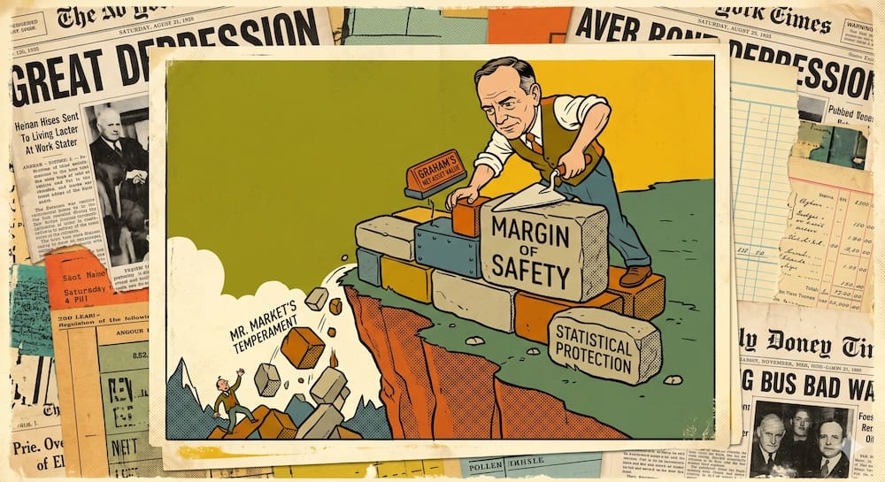 What Charlie Munger Added to Berkshire That Ben Graham Never Could: The Margin of Safety Upgrade and the Scale Problem Ben Graham building a defensive wall on a cliff edge. He cements blocks labeled "MARGIN OF SAFETY" and "STATISTICAL PROTECTION" while ignoring a panicked "MR. MARKET'S TEMPERAMENT" figure and falling price blocks in the abyss below.
