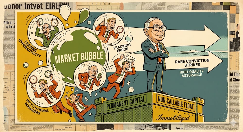 A resolute, weathered caricature of Charlie Munger stands calm, arms crossed, rooted like a statue labeled 'IMMOBILIZED' on a massive foundation of 'PERMANENT CAPITAL' and 'NON-CALLABLE FLOAT'. He is unaffected by a chaotic, popping 'MARKET BUBBLE' maelstrom where panicked institutional managers fall, labeled with 'TRADING HYPERACTIVITY' and 'TRACKING ERROR'. Munger looks past the chaos to a clear, labeled 'RARE CONVICTION STRIKES' horizon.