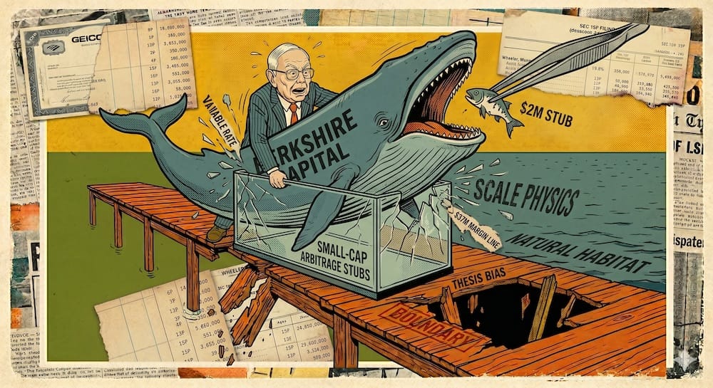 Ilustración satírica de un inversor intentando meter una ballena de 'Capital de Berkshire' en un acuario roto de 'Pequeñas Arbitrajes'.