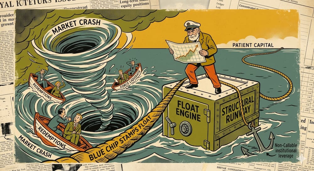 A captain caricature, representing Charlie Munger, stands calmly on a fortified floating safe marked 'FLOAT ENGINE'. Massive mooring ropes labeled 'BLUE CHIP STAMPS FLOAT' and 'INSURANCE FLOAT' secure the safe to a calm, long-term 'equity positions' horizon, while other fund managers in sinking lifeboats labeled 'REDEMPTIONS' and 'FORCE LIQUIDATE' sink to the bottom in a market crash maelstrom. Integrated typographic phrases 'PATIENT CAPITAL' and 'STRUCTURAL RUNWAY'.