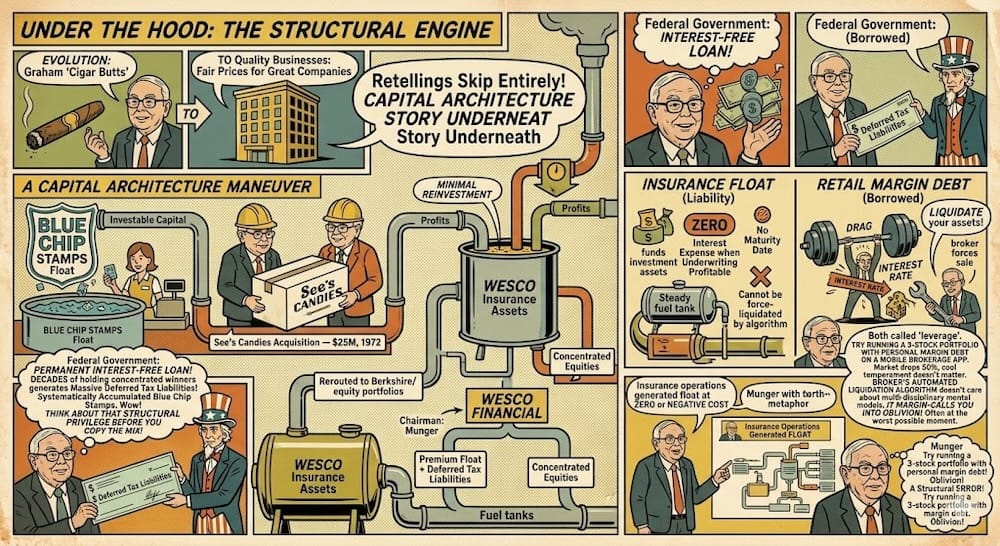 Financial collage mapping out capital architecture. Shows a visual flowchart tracking blue chip stamps float into a twenty-five million dollar see's candies acquisition, fueling wesco insurance assets next to a retail margin debt comparison.