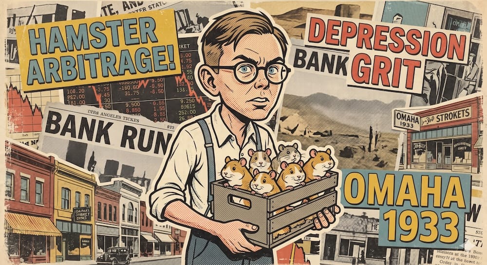 Illustrated young Charlie Munger in Omaha 1933 holding a crate of hamsters, surrounded by headlines of bank runs and Depression-era grit, symbolizing how crisis, scarcity, and early arbitrage shaped his investing mindset