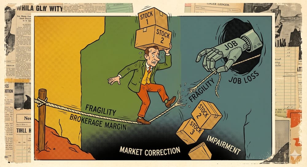 Un inversor minorista caricaturizado y transpirando hace equilibrio sobre una cuerda floja deshilachada llamada MARGEN DE BROKER. Abajo de él, tres cajas apiladas llamadas ACCIÓN 1, ACCIÓN 2 y ACCIÓN 3 caen al abismo de la CORRECCIÓN DEL MERCADO, con una mano mecánica gigante llamada PÉRDIDA DE EMPLEO tirando de la cuerda.