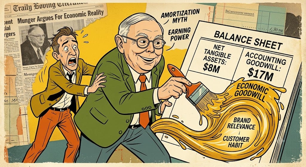 Munger Teaches Buffett: Economic Goodwill Built on Brand Relevance and Customer Habit, Not Accounting Numbers Charlie Munger actively painting over a traditional balance sheet ledger. Munger replaces "ACCOUNTING GOODWILL: $17M" with "ECONOMIC GOODWILL" paint, revealing glowing elements labeled "BRAND RELEVANCE" and "CUSTOMER HABIT." Text overlays read "AMORTIZATION MYTH" and "EARNING POWER." A worried accountant caricature looks on in a financial pop art style against aged newspaper background textures.