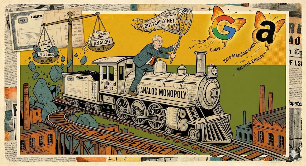 Ilustración satírica de Charlie Munger cazando 'mariposas digitales' de Google y Amazon con una red de analogías, ignorando el 'monopolio analógico' de un tren a vapor.