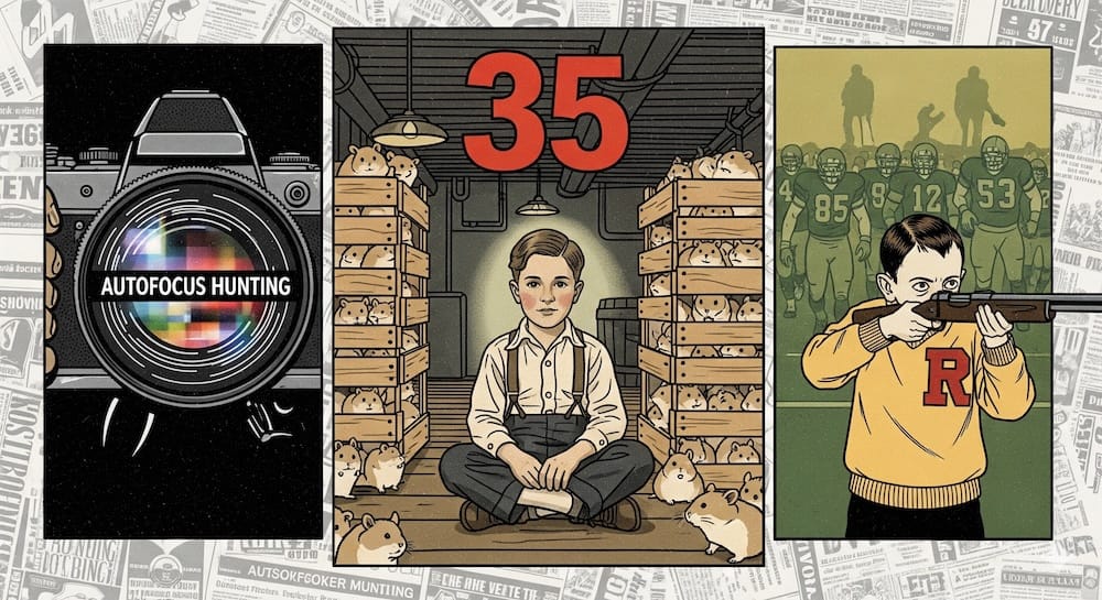 Composite illustration of young Charlie Munger showing autofocus hunting failure, a 35-hamster arbitrage operation in his basement, and rifle team precision, symbolizing his early shift from unfocused competition to disciplined N-of-1 advantage