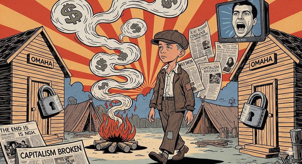 Young Charlie Munger walking through a Depression-era hobo camp in Omaha with headlines declaring capitalism broken and bank collapse, symbolizing his early exposure to fear narratives and the formation of his lifelong resistance to market panic