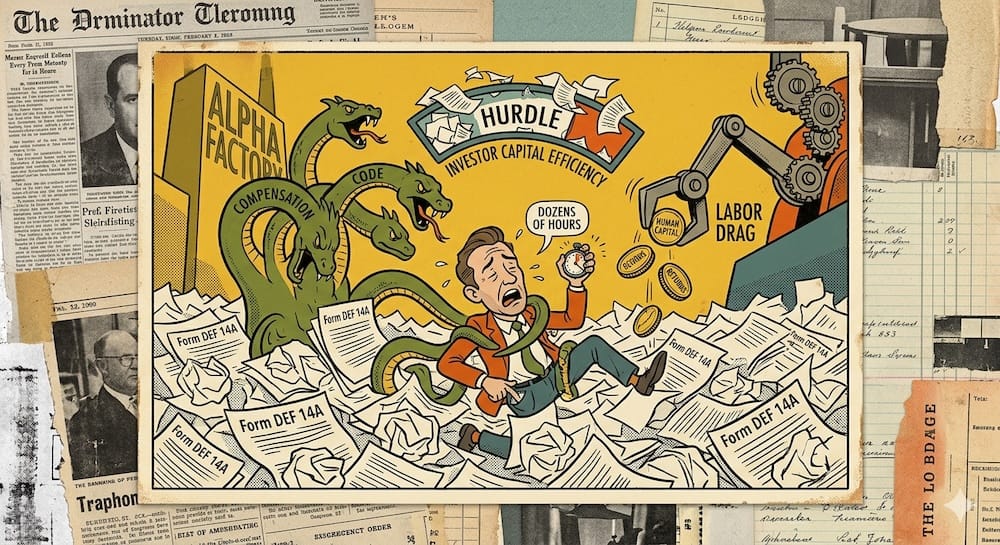 Charlie Munger Incentive Audit Strategy Logistical Gaps: Quantifying The Labor Drag And Human Capital Hurdles Of Manual Proxy Statement Verification a worried investor character trapped in a pile of Form DEF 14A proxy papers next to a multi-headed compensation snake. A mechanical arm labeled labor drag drops coins near an alpha factory background.