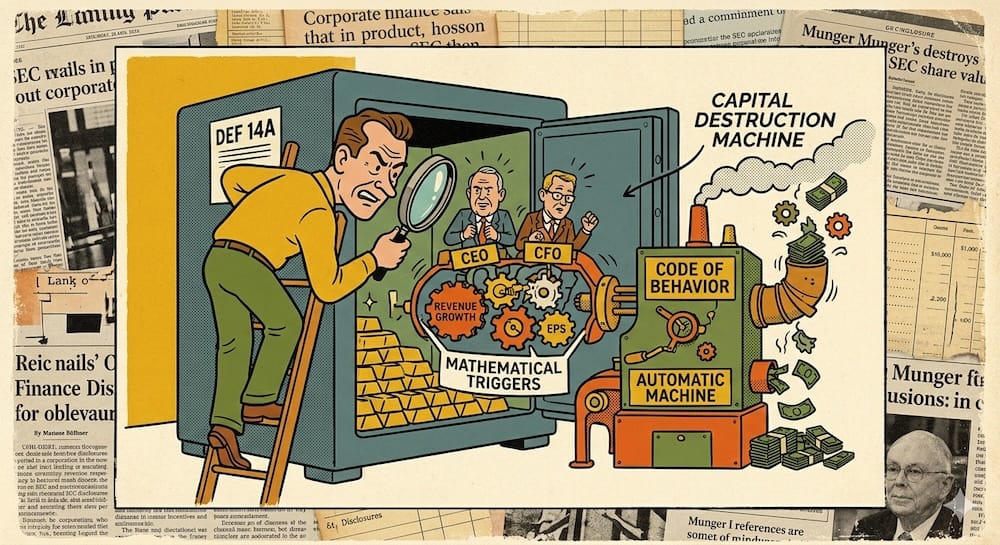 Charlie Munger Incentive-Caused Bias Matrix: Auditing Corporate Executive Compensation Mathematical Triggers and Capital Destruction Vectors Within Form DEF 14A An investor on a ladder peering with a magnifying glass into an open vault labeled DEF 14A. Inside, a mechanical gear machine turns corporate gold bars into burning cash using executive triggers.