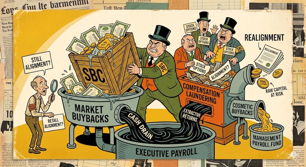A corporate executive dumping a crate of stock into a wash basin labeled MARKET BUYBACKS. Dark fluids labeled CASH DRAIN pour into EXECUTIVE PAYROLL as a confused retail owner looks on.