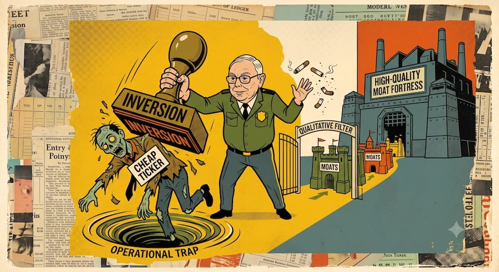 El filtro cualitativo de Charlie Munger: El poder de la inversión y la minimización de las vulnerabilidades corporativas Charlie Munger como un patovica cualitativo. Munger usa un sello masivo etiquetado como INVERSION para aplastar una empresa mediocre y colapsada con un cartel de TICKER BARATO dentro de una TRAMPA OPERATIVA. Munger descarta pequeñas colillas de cigarrillo con su otra mano, dejando pasar fortalezas con COMPRA DE EMPRESAS CON MOATS de manera segura por una puerta cualitativa mientras una fábrica de FORTALEZA DE MOAT DE ALTA CALIDAD ofrece seguridad al fondo.