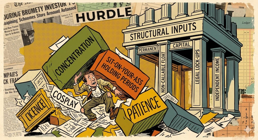 A panicked Average Joe is crushed by an immense granite weight labeled 'CONCENTRATION'. Dotted outlines of invisible supporting columns labeled 'FLOAT' and 'CAPITAL' are collapsed behind him, leaving him exposed. A nearby sign reads 'COSPLAY'.
