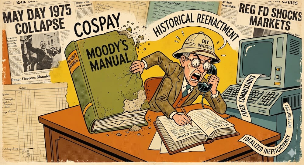 Estrategia de Munger e información asimétrica: Auditoría de mercado Estrategia de Munger e información asimétrica: Un inversor con casco de safari mira confundido mientras sostiene un manual de Moody's viejo y desarmado sobre un escritorio de madera, con un teléfono antiguo en la otra mano, rodeado de recortes de diarios antiguos.