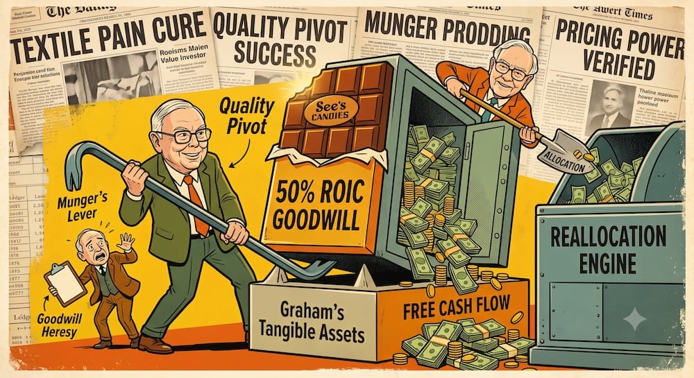 Charlie Munger uses a large crowbar labeled "MUNGER'S LEVER" to pry an immense glowing box of "50% ROIC GOODWILL" from a structure labeled "GRAHAM'S TANGIBLE ASSETS". Warren Buffett shovels the cascading cash into a "REALLOCATION ENGINE". A shocked Benjamin Graham caricature drops a clipboard labeled "GOODWILL HERESY".