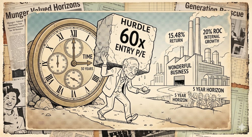 an elderly investor, representing Charlie Munger's patience, struggling to carry a crushing stone ‘Hurdle’ labeled ‘60x Entry P/E.’ Behind him, a giant ‘Hurdle’ labeled ‘60x’ collapses over a thirty-year horizon, while a small retail investor is trapped in a shallow chasm labeled ‘5-Year Trap’ that won’t shrink.