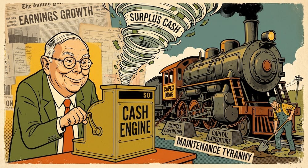 Charlie Munger's Cash Engine Test: High ROIC and Low Incremental Capital Needs Explained Charlie Munger caricature operating a 'CASH ENGINE' register that generates a surplus cash tornado. Contrasted with a heavy railroad locomotive chained to 'CAPITAL EXPENDITURE' blocks labeled 'CAPEX DRAG' and 'MAINTENANCE TYRANNY'.