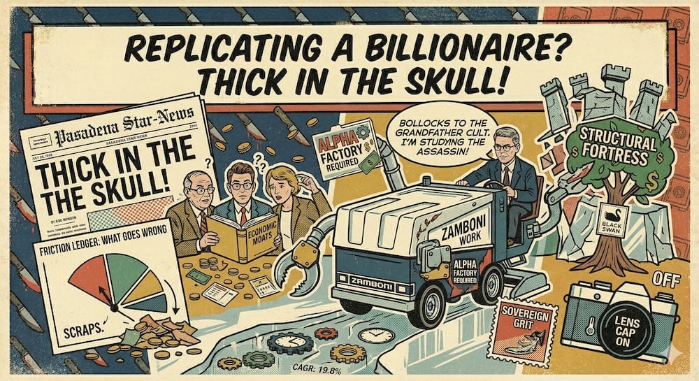 Modelos mentales de Charlie Munger y fosos económicos: Ilustración del enfoque de modelos mentales mostrando inversores intentando replicar su estrategia, destacando fosos económicos, generación de alpha y la dificultad de copiar el pensamiento multimillonario sin una comprensión profunda de incentivos y ventajas estructurales