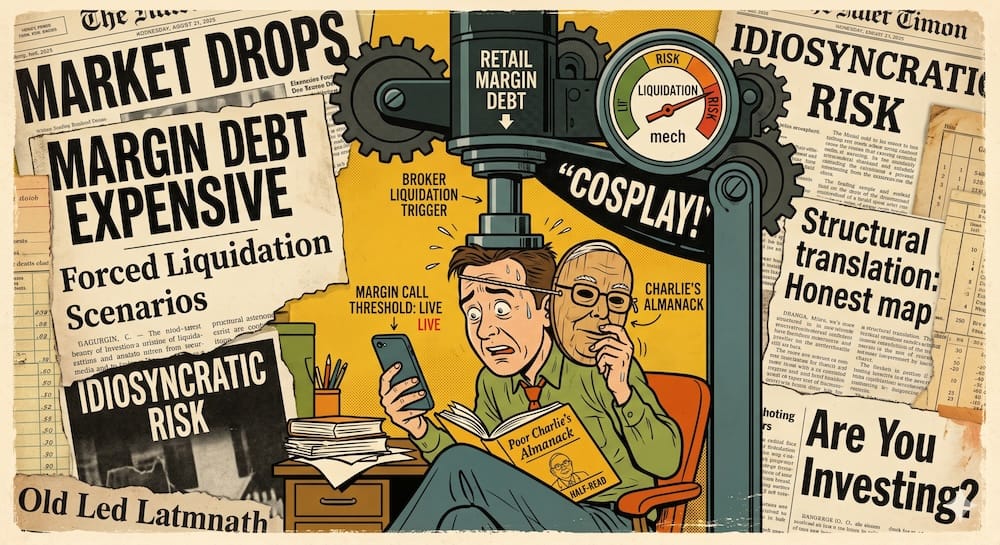 A panicked modern retail investor, wearing a crude homemade Charlie Munger mask and holding a half-read Poor Charlie’s Almanack, is crushed by a giant machine labeled Retail Margin Debt and Broker Liquidation Trigger.