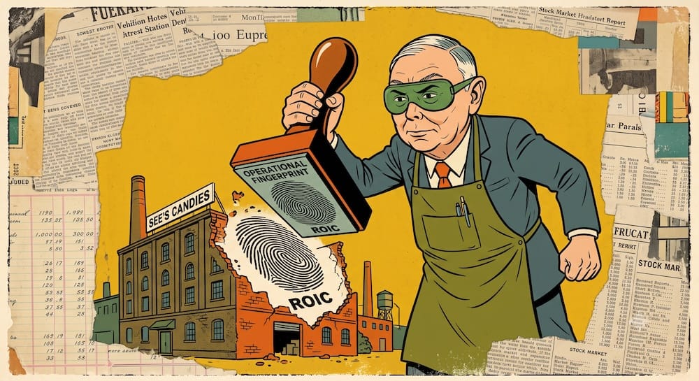 Charlie Munger in an apron stamping the 'See's Candies' factory with a giant 'Operational Fingerprint ROIC' stamp, using a 1930s social realism collage style with newspaper and ledger fragments.