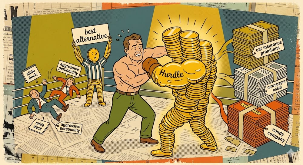 A muscular man, labeled as a manager, grapples in a boxing ring with a powerful fist made of glowing gold coins forming a muscular arm. Small typographic phrase "Hurdle" embedded on the coin fist. Stacks of money labeled "car insurance premiums", "newspaper asset", and "candy company" feed into the opponent, showing fungibility. Pathetic figures with slide decks are knocked out in the background. A referee (made of coins) holds up a sign that says "best alternative", signaling victory for the coin fist opponent.