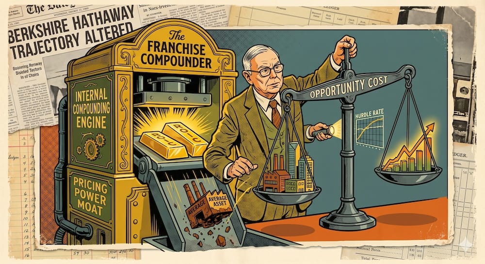 What Charlie Munger Added: The Opportunity Cost Hurdle Rate as the Ultimate Capital Allocation System Charlie Munger adjusting a balance scale labeled 'OPPORTUNITY COST'. One side holds a powerful 'HURDLE RATE' graph, while the other holds mediocre factories labeled 'AVERAGE ASSET' which are falling into an abyss.
